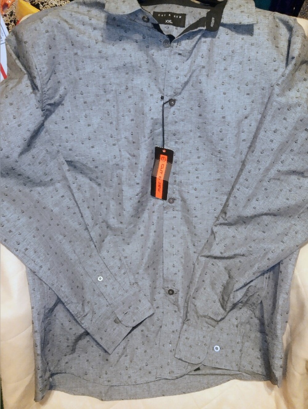 NWT Cut&Sew Algoon Cotton Grey With Black Pattern Button-Up Long Sleeve XXL.